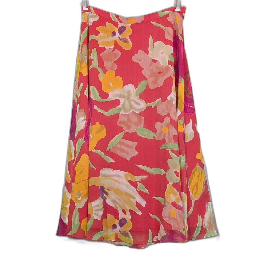 COLDWATER CREEK Women's XL Maxi Flare Skirt Colorful Coral Chiffon Floral Lined